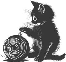 Silhouette Kätzchen Tier spielen Wolle rollen schwarz Farbe nur vektor