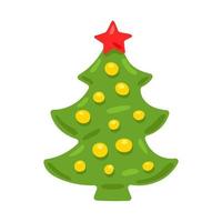grüner Weihnachtsbaum mit gelben Kugeln und einem roten Stern. Vektor-Illustration isoliert auf weißem Hintergrund. vektor