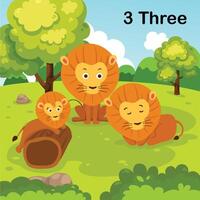 Flash-kort siffra tre med 3 lejon inlärning för unge illustration vektor