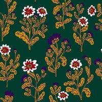 ein Muster mit Blumen und Blätter auf ein Grün Hintergrund vektor