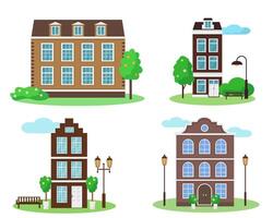 einstellen von alt Stil Häuser mit Bäume und Bänke auf Weiß Hintergrund. Stadt oder Stadt, Dorf Elemente. vektor