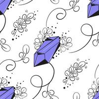 sömlöst mönster med lila kristall, linjekonstblad på en dekorativ gren och monogram. vektor illustration