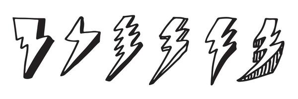 einstellen von Hand gezeichnet Gekritzel elektrisch Blitz Bolzen Symbol skizzieren Illustrationen. Donner Symbol Gekritzel Symbol. vektor