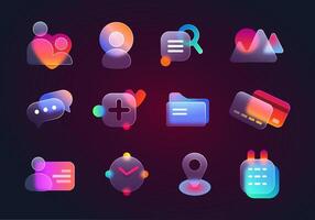 realistisk uppsättning av glasmorfism ui ikoner för hemsida eller mobil app. illustartion av plats, chatt, Galleri, Kontakt, kalender, kreditera kort och klocka glas morfism transparent design element. vektor