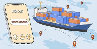 smart logistik med frakt fartyg behållare och enorm smartphone. uppkopplad leverans med mobil service med båt plats och hav tankfartyg. beställa spårning av hav frakt varor platt illustration vektor