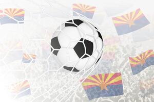 nationell fotboll team av arizona gjorde mål mål. boll i mål netto, medan fotboll supportrar är vinka de arizona flagga i de bakgrund. vektor