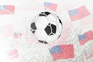 nationell fotboll team av samoa gjorde mål mål. boll i mål netto, medan fotboll supportrar är vinka de samoa flagga i de bakgrund. vektor