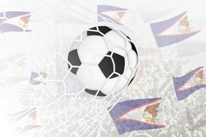 nationell fotboll team av amerikan samoa gjorde mål mål. boll i mål netto, medan fotboll supportrar är vinka de amerikan samoa flagga i de bakgrund. vektor