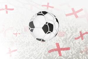National Fußball Mannschaft von England erzielte Ziel. Ball im Tor Netz, während Fußball Unterstützer sind winken das England Flagge im das Hintergrund. vektor
