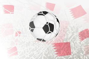 National Fußball Mannschaft von Bahrain erzielte Ziel. Ball im Tor Netz, während Fußball Unterstützer sind winken das Bahrain Flagge im das Hintergrund. vektor