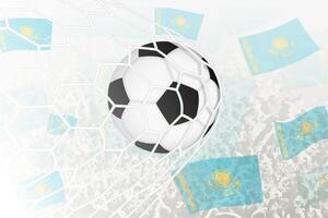 National Fußball Mannschaft von Kasachstan erzielte Ziel. Ball im Tor Netz, während Fußball Unterstützer sind winken das Kasachstan Flagge im das Hintergrund. vektor