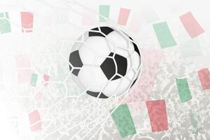 nationell fotboll team av Italien gjorde mål mål. boll i mål netto, medan fotboll supportrar är vinka de Italien flagga i de bakgrund. vektor