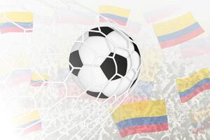 National Fußball Mannschaft von Kolumbien erzielte Ziel. Ball im Tor Netz, während Fußball Unterstützer sind winken das Kolumbien Flagge im das Hintergrund. vektor