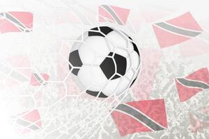nationell fotboll team av trinidad och tobago gjorde mål mål. boll i mål netto, medan fotboll supportrar är vinka de trinidad och tobago flagga i de bakgrund. vektor