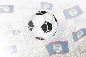 National Fußball Mannschaft von belize erzielte Ziel. Ball im Tor Netz, während Fußball Unterstützer sind winken das belize Flagge im das Hintergrund. vektor