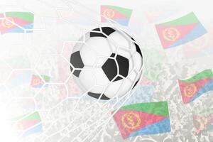 National Fußball Mannschaft von eritrea erzielte Ziel. Ball im Tor Netz, während Fußball Unterstützer sind winken das eritrea Flagge im das Hintergrund. vektor