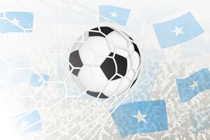 nationell fotboll team av somalia gjorde mål mål. boll i mål netto, medan fotboll supportrar är vinka de somalia flagga i de bakgrund. vektor