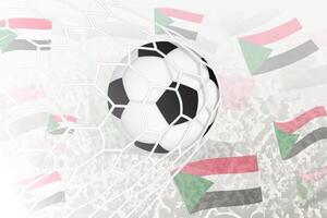 National Fußball Mannschaft von Sudan erzielte Ziel. Ball im Tor Netz, während Fußball Unterstützer sind winken das Sudan Flagge im das Hintergrund. vektor