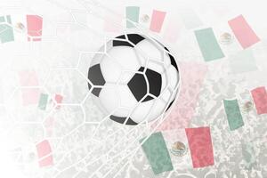 nationell fotboll team av mexico gjorde mål mål. boll i mål netto, medan fotboll supportrar är vinka de mexico flagga i de bakgrund. vektor