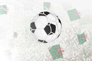 National Fußball Mannschaft von Algerien erzielte Ziel. Ball im Tor Netz, während Fußball Unterstützer sind winken das Algerien Flagge im das Hintergrund. vektor