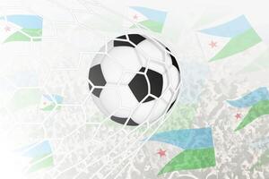 National Fußball Mannschaft von Dschibuti erzielte Ziel. Ball im Tor Netz, während Fußball Unterstützer sind winken das Dschibuti Flagge im das Hintergrund. vektor
