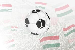 National Fußball Mannschaft von Ungarn erzielte Ziel. Ball im Tor Netz, während Fußball Unterstützer sind winken das Ungarn Flagge im das Hintergrund. vektor