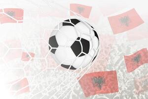 National Fußball Mannschaft von Albanien erzielte Ziel. Ball im Tor Netz, während Fußball Unterstützer sind winken das Albanien Flagge im das Hintergrund. vektor
