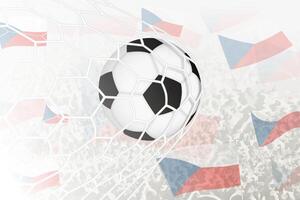 National Fußball Mannschaft von Tschechisch Republik erzielte Ziel. Ball im Tor Netz, während Fußball Unterstützer sind winken das Tschechisch Republik Flagge im das Hintergrund. vektor