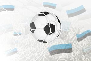 National Fußball Mannschaft von Estland erzielte Ziel. Ball im Tor Netz, während Fußball Unterstützer sind winken das Estland Flagge im das Hintergrund. vektor