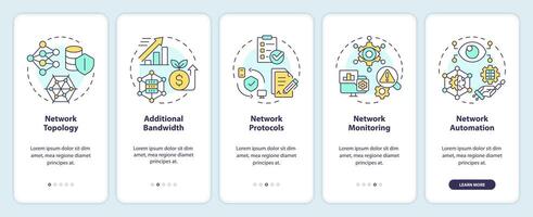 praxis för hantera nät onboarding mobil app skärm. genomgång 5 steg redigerbar grafisk instruktioner med linjär begrepp. ui, ux, gui mall vektor