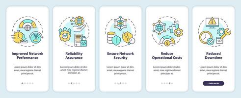 fördelar av nätverk förvaltning onboarding mobil app skärm. genomgång 5 steg redigerbar grafisk instruktioner med linjär begrepp. ui, ux, gui mall vektor