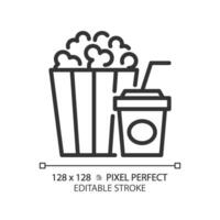 film popcorn hink pixel perfekt linjär ikon. bio mellanmål, teater godsaker. skräp mat, randig låda. tunn linje illustration. kontur symbol. översikt teckning. redigerbar stroke vektor
