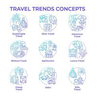 Reise Trends Blau Gradient Konzept Symbole. Reise und Gastfreundschaft Industrie. achtsam Reise. global Tourismus. Ausflug Planung. Symbol Pack. Bilder. runden gestalten Illustrationen. abstrakt Idee vektor