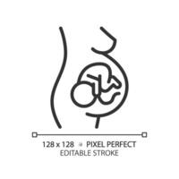 graviditet linjär ikon. gravid kvinna, barnafödande. moderskap livmoder, graviditet bärare. embryo bebis, barnomsorg. tunn linje illustration. kontur symbol. översikt teckning. redigerbar stroke vektor