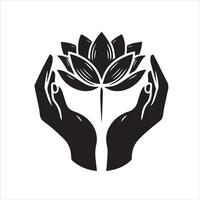 ein schwarz und Weiß Bild von Hände halten ein Lotus Blume vektor