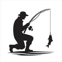 en fiskare fångad en fisk silhuett vektor