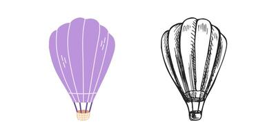 söt hand dragen varm luft ballong. platt och skiss översikt illustration isolerat på vit bakgrund. klotter teckning. vektor