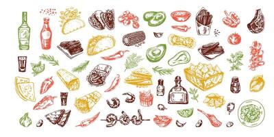 handgemalt farbig einstellen von realistisch Mexikaner Geschirr und Produkte. Jahrgang skizzieren Zeichnungen von Latein amerikanisch Küche. Tinte Illustration. Mexikaner Kultur. vektor