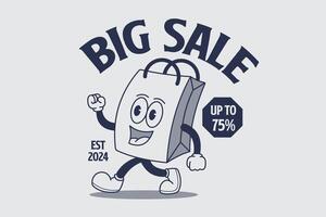 groß Verkauf Banner mit Einkaufen Tasche Karikatur Charakter Illustration. groß Verkauf Besondere Angebot vektor
