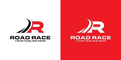 brev r och asfalt väg logotyp design, tävlings logotyp, för bil, tävlings, sporter vektor