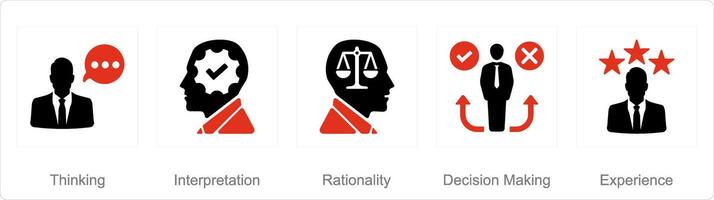 en uppsättning av 5 kritisk tänkande ikoner som tänkande, tolkning, rationalitet vektor