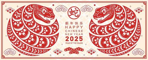 glücklich Chinesisch Neu Jahr 2025 das Schlange Tierkreis Zeichen mit Blume, Laterne, asiatisch Elemente rot Papier Schnitt Stil auf Farbe Hintergrund. vektor