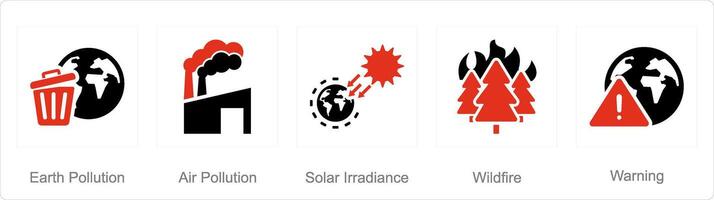 en uppsättning av 5 klimat förändra ikoner som jord förorening, luft förorening, sol- bestrålning vektor