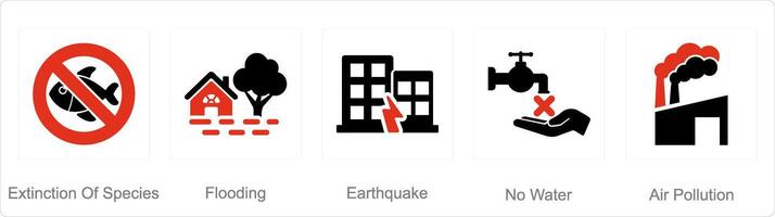 en uppsättning av 5 klimat förändra ikoner som utdöende av arter, översvämning, jordbävning vektor
