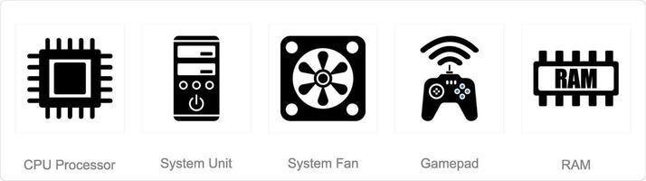 en uppsättning av 5 dator delar ikoner som cpu processor, systemet enhet, systemet fläkt vektor