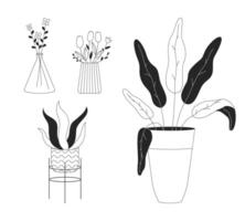 inlagd krukväxter och blomma buketter svart och vit 2d linje tecknad serie objekt uppsättning. växter i Hem interiör isolerat översikt objekt samling. blommig dekor enfärgad platt fläck illustrationer vektor