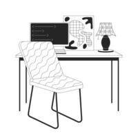 minimalistisk Hem kontor med pc 2d linjär tecknad serie objekt. dator på tabell i interiör design isolerat översikt föremål. arbetsplats organisation enfärgad platt fläck illustration vektor