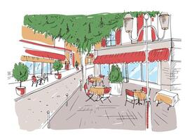 freihändig skizzieren von draussen Cafe oder Restaurant mit Tabellen bedeckt mit Tischdecken und Stühle Stehen auf Stadt Straße unter groß Baum neben Gebäude. bunt Hand gezeichnet Illustration. vektor