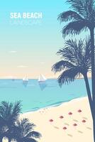 underbar marinmålning med handflatan silhuetter, sand strand, rosa paraplyer och segla yachter flytande i hav. havet landskap med sandig havsstrand och båtar på horisont. exotisk resa. illustration. vektor