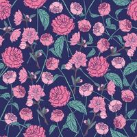 elegant blommig sömlös mönster med skön ro på mörk bakgrund. underbar bakgrund med rosa blommor hand dragen i antik stil. botanisk illustration för textil- skriva ut, tapet. vektor